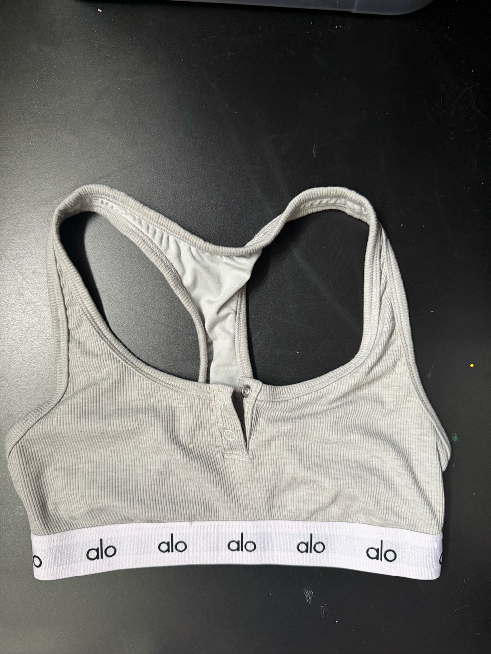 ALO Yoga Light Gray Ribbed Racerback Sports Bra with Branded Band